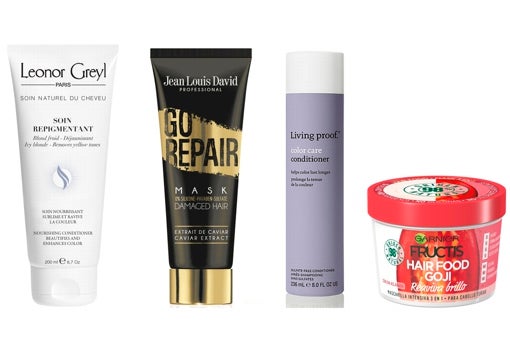 From left to right: Soin Repigmentant by Leonor Greyl (€ 43.90), a mask with pigments that conditions, nourishes and enhances color; Go Repair Mask by Jean Louis David (€ 17); Living Proof Color Care Conditioner (€ 28) and Garnier Goji Fructis Intensive 3-in-1 Hair Food Mask (€ 14.70).