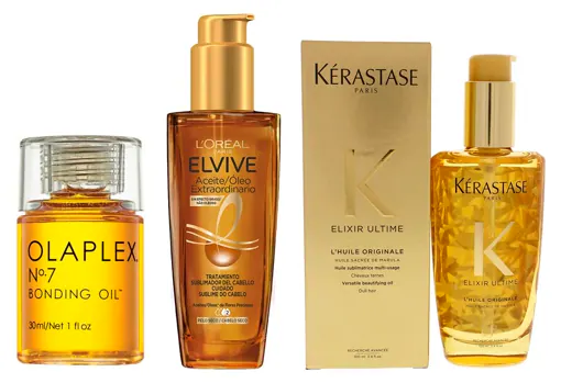 Olaplex Bonding Oil No. 7 Hair Oil (€ 27.99 at Sephora), ideal for dyed, bleached and severely damaged hair;  L'Oréal Paris Extraordinary Sublimating Hair Oil Elvive (€ 5.99);  L'Huile Originale de Kerastase (€ 32.50), nourishes, repairs ends, controls frizz and offers thermal protection.