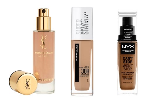 From left to right: Yves Saint Laurent Touche Éclat Le Teint anti-fatigue makeup base (€ 52.99); Maybelline SuperStay Active Wear 36 Hrs Foundation (€ 13.99); Can & # 039; t Stop, Won & # 039; t Stop Foundation by NYX Cosmetics (€ 16.90).