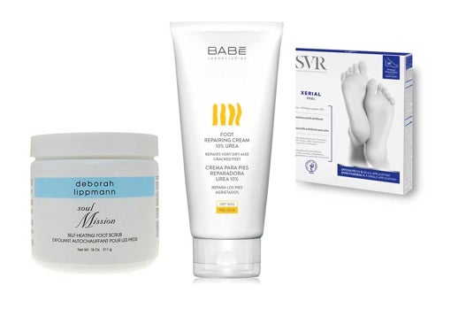 From left to right: Soul Mission Self Heating Foot Scrub by Deborah Lippmann (€ 170); Repairing cream for feet Urea 10% by Babé (€ 9.70); SVR Xerial Peel exfoliating foot mask in sock format (€ 19.90).