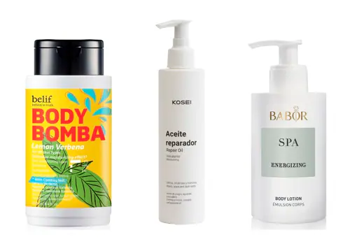 From left to right: Belif Body Bomba Hydrating Body Lotion (€ 22, only at Sephora);  Kosei moisturizing repair oil (€ 15.80);  Babor Spa Body Lotion moisturizing body lotion (€ 25).