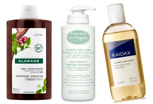 From left to right: Klorane Bio fortifying and stimulating shampoo with quinine and edelweiss Bio (€ 45.65);  Anti-Hair Loss Shampoo with vitamin B5, B6, Biotin and Zinc Go Organic from + Farma Dorsch (€ 39);  Kaidax Hair Loss Shampoo (€ 19.95).
