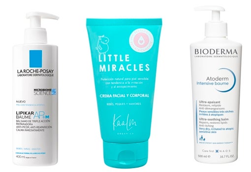 De izquierda a derecha: Bálsamo hidratante corporal Lipikar Baume AP+M de La Roche Posay (25,40 €); Crema facial y corporal Little Miracles de Kaalm Organics (18,90 €); Crema corporal Atoderm Intensive Baume de Bioderma (21,95 €).