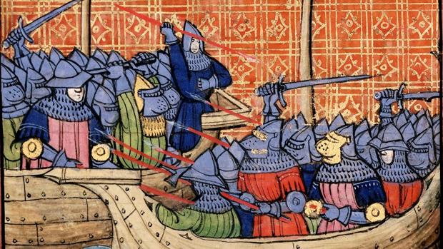 Detalle de una miniatura medieval del combate en La Rochelle