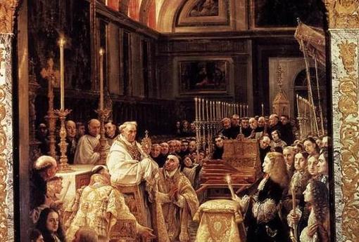 Pintura que muestra a Carlos II durante la bendición del Santísimo en la basílica de El Escorial