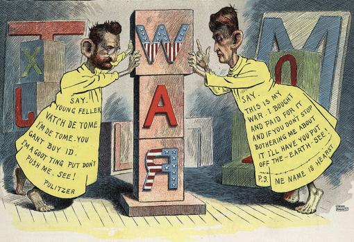 Caricaturas de Joseph Pulitzer y William Randolph Hearst vestidos como The Yellow Kid, satirizando su papel como tergiversadores de la opinión pública de EE.UU.