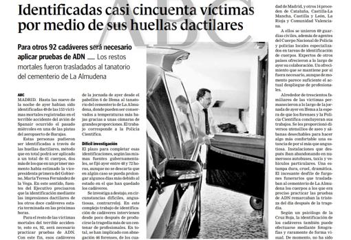 ABC dos días después de la tragedia aérea. «Identificadas casi cincuenta víctimas por medio de sus huellas dactilares»