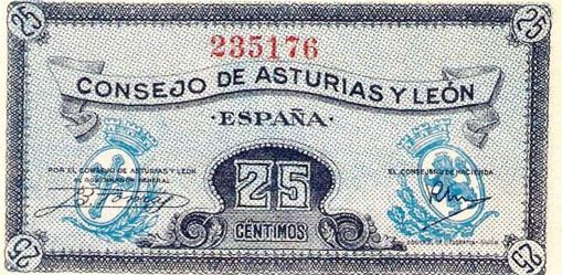 One of the banknotes issued by the Sovereign Council of Asturias and León, worth 25 cents