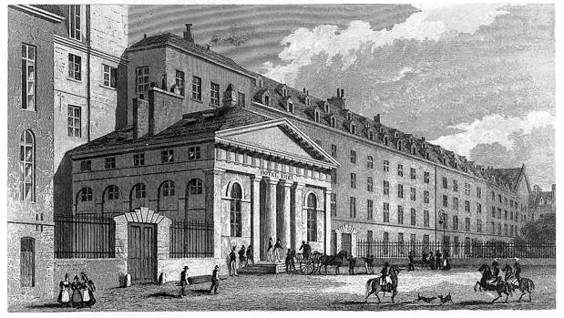 Grabado del Hospital Hotel Dieu de París, realizado en 1830