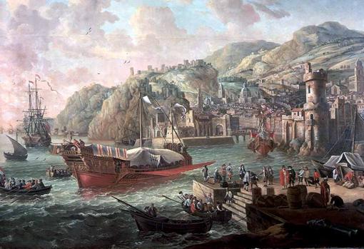 Galleys and other ships in an Italian port. Painted by Jacob Knyff (1638-1681)