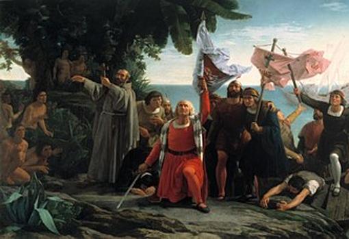 Pintura romántica de la llegada de Cristóbal Colón a América (Dióscoro Puebla, 1862).