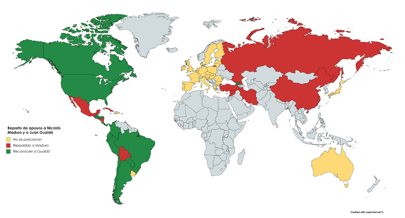 En verde, los países que han reconocido a Guaidó. En rojo, los que han apoyado expresamente al Gobierno de Maduro. Y en amarillo: los países que consideran ilegítimo al Gobierno de Maduro y piden elecciones democráticas en Venezuela, pero que no han reconocido oficialmente a Guaidó como presidente