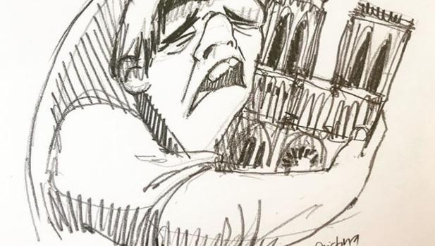 Quasimodo, llorando, abraza la catedral de Notre Dame