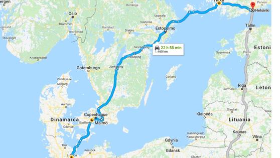 Este sería un posible recorrido que realizaría Carles Puigdemont desde Helsinki hasta su detención en la frontera de Dinamarca