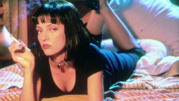 La actriz Uma Thurman en el cartel promocional de la película «Pulp Fiction» (1994)