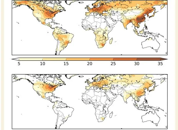 Mapa de calor que muestra el porcentaje estimado de muertes por COVID-19 atribuidas a la contaminación del aire de fuentes artificiales (arriba) y solo al uso de combustibles fósiles (abajo)