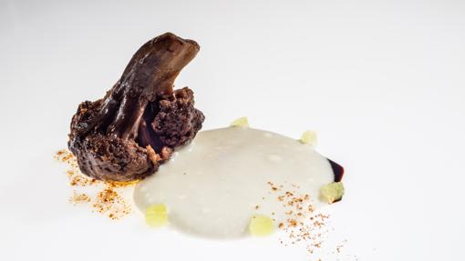 Coliflor negra con bechamel de coco y lima, un plato de Disfrutar