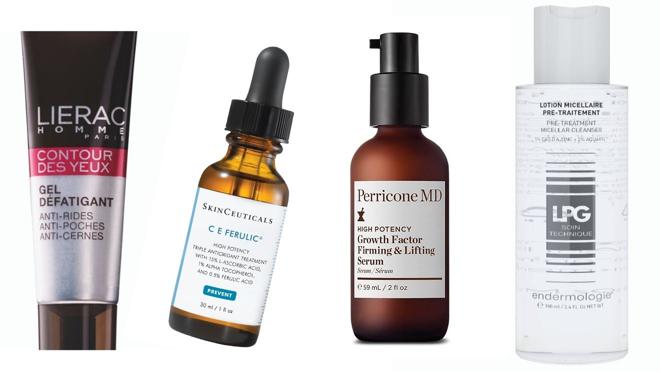 De izda. a dcha.: Contorno de ojos Anti-bolsas, Anti-ojeras y Alisador de Lierac Homme (26 €). Sérum antioxidante C E Ferulic de SkinCeuticals (150,50 €). Sérum Firming & Lifting Growth Factor con retinol de Perricone MD (135 €). Lotion Micellaire de LPG para limpiar la piel y prepararla para las cremas (19 €).