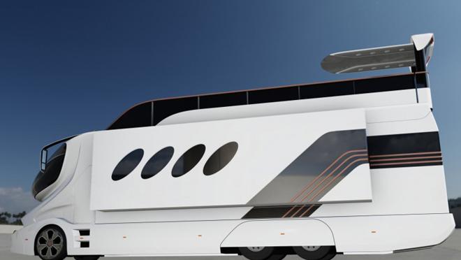 What is most striking about this motorhome is its Sky Lounge